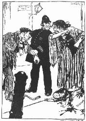 [English Cartoon]
The Rescuer's Usual Fate!
—From London Opinion.
Policeman John Bull: "But I only came on the scene because he had
started to knock you about!"
Mrs. Russia: "Never mind about that. Go on, Bill, teach 'im to
interfere—hit me again."