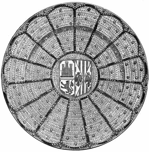 PLATEAU, DIAPERED AND WITH RAISED RIBS AND STUDS, IN BLUE
AND GOLDEN LUSTRE. THE ARMS OF LEON, CASTILE, AND ARAGON.
HISPANO-MORESCO. 15TH OR 16TH CENTURY. SOUTH KENSINGTON MUSEUM.