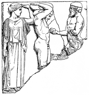 Fig. 213.—Metope from the Cella of the Great Temple of
Olympia. Atlas, Heracles, and the Nymph of the Hesperides.