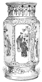 Fig. 12.—Japanese Hexagonal Vase. Deep blue ground.
Figures in dark brown, three shades of green, and yellow. Height, 16½
in. (R. H. Pruyn Coll.)