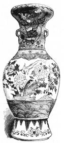 Fig. 16.—Nankin Porcelain. Brown bands; base, white;
body, pale green; neck, light brown. Decoration chiefly pink, green, and
blue; neck and body crackled. (Sutton Coll.)