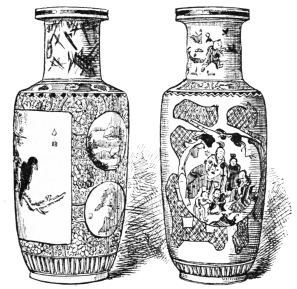 Fig. 94.—Chinese Ming Vases. White Ground. In
medallions, green and brown characters and figures. Darker part red and
white, with green flowers. (Geo. R. Hall Coll., Boston Museum of Fine
Arts.)
