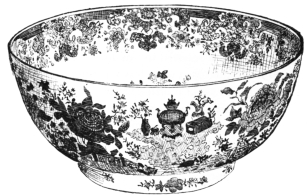 Fig. 99.—Chinese Bowl. Rich Decoration, chiefly Yellow
and Rose. Height, 11 in.; circumference, 5 ft. 8 in. (Mrs. John V. L.
Pruyn Coll.)