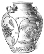 Fig. 107.—Old Corean Earthen-ware Five-handled Jar.
Yellow on Green. (A. A. Vautine & Co.)