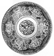 Fig. 130.—Japanese Dish. Ground, Red and Blue; Figures,
Green and Gold. Diameter, 11 in. (Robert H. Pruyn Coll.)
