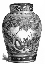 Fig. 138.—Japanese Vase. White, Red, Rose, and Green.
Blossoms on Left; White Enamel Raised. Height, 6½ in. (Robert H. Pruyn
Coll.)
