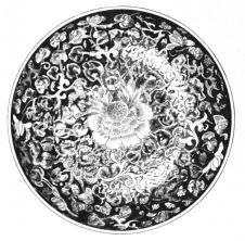 Fig. 140.—Persian Plaque. Crimson Pæony in Centre;
Foliage and Ground in various Shades of Green. (Boston Museum of Fine
Arts.)