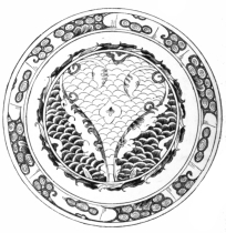 Fig. 141.—Persian Plaque. Central Section, Blue; Side
Section, Green; Scroll-work, Brown. (Boston Museum of Fine Arts.)