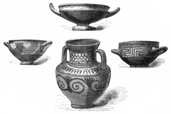 Fig. 159.—Greek Vase and Cups, found at Dali. Cesnola
Coll., (N. Y. Metropolitan Museum.)