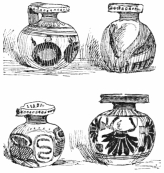 Fig. 165.—Early Greek Aryballoi. Egypto-Phœnician
Style. (Trumbull-Prime Coll., N. Y. Metrop. Museum.)