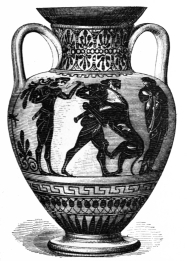 Fig. 186.—Bacchic Amphora. Black on Red Ground. Height,
15 in. (Appleton Coll., Boston Museum of Fine Arts.)