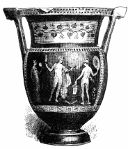 Fig. 189.—Greek Amphora, with Columnar Handles. Red on
Black. From Canosa. Height, 20 in. (Appleton Coll., Boston Museum of
Fine Arts.)