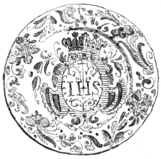 Fig. 191.—Spanish Majolica. Dark-blue and Brown Painting
on White. (J. W. Paige Coll., Boston Museum of Fine Arts.)