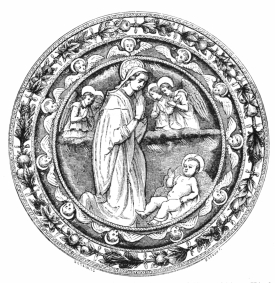 Fig. 204.—Holy Family. Medallion by Luca della Robbia.
(Hôtel Cluny, Paris)