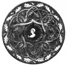 Fig. 214.—Castel-Durante Portrait Plaque. (South
Kensington Museum.)