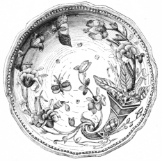 Fig. 235.—Rouen Faience. Decoration, à la corne.
(Trumbull-Prime Coll., N. Y. Metropolitan Museum.)