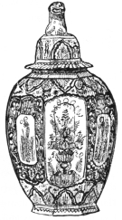 Fig. 285.—Delft Blue-and-white. Eighteenth Century.
Chinese Style. Height, 17½ in. (Mrs. John V. L. Pruyn Coll.)