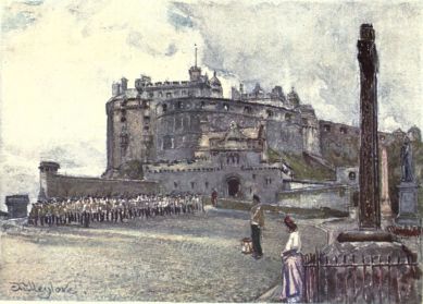 EDINBURGH CASTLE FROM THE ESPLANADE

Immediately beneath the Half-Moon Battery is the entrance to the Castle.
To the extreme right of the picture on the north side of the Esplanade
shows a bronze statue of the Duke of York, whilst the Celtic cross in
its foreground was erected to the memory of the 78th Highlanders, behind
which is the Forewall Battery. Men of the Black Watch in khaki occupy
the south side of the Esplanade, with a drummer in the foreground.