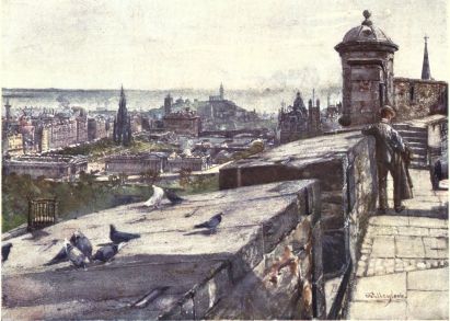 EDINBURGH FROM THE CASTLE

In the foreground of the picture are the embrasured battlements of the
Argyle Battery, at the end of which, over the steps, rises the spire of
Tolbooth Church. On a lower level of the Castle, to the spectator’s
left, is an iron cage used for beacons. Above this cage and facing the
Mound are the Royal Institution and National Gallery, and immediately
above the latter is the Scott Monument. The row of trees fronting the
tall buildings denote the position of Princes Street running east
towards Calton Hill, which appears crowned by the Nelson Monument and
backed by the Firth of Forth exactly in the centre of the picture. To
the right of Calton Hill on the distant horizon appears the Bass Rock,
to the left the coast of Fife with a portion of the island of
Inchkeith.