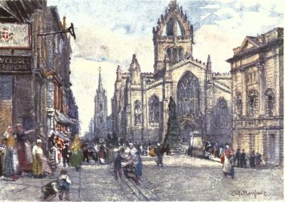 THE CHURCH OF ST. GILES FROM THE LAWNMARKET

The statue of the Duke of Buccleuch shows immediately under the tower of
the Cathedral, backed by the modernised west end of the building.
Farther down the High Street, to the east, is the Tron Church, while to
the right of the picture is a portion of the new County Hall. On the
extreme left is the entrance from Lawnmarket to Baxter’s Close, where
Burns once lodged. (See “Lady Stair’s Close.”)