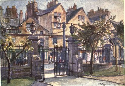 OLD HOUSES IN CANONGATE

In the foreground of the picture are the piers and entrance gates of the
Canongate Parish Church. Past the shaft of the cross on the other side
of the Canongate is the opening into Bakehouse Close. The timber-fronted
houses with their gables present as picturesque an appearance as any in
Edinburgh.