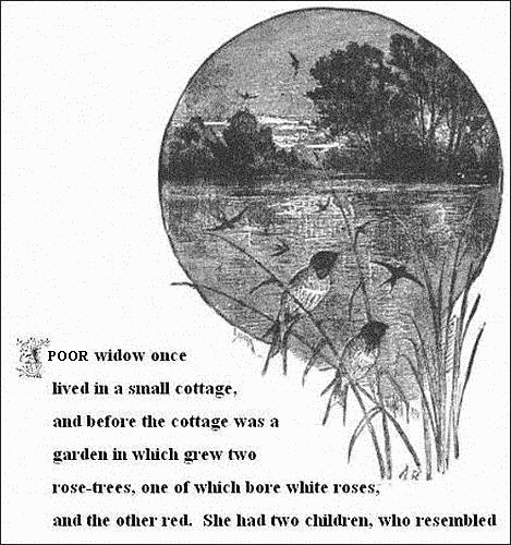 A poor widow once lived in a small cottage, and before the cottage
was a garden in which grew two rose-trees, one of which bore white
roses, and the other red. She had two children, who resembled