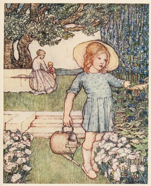 girl watering flowers