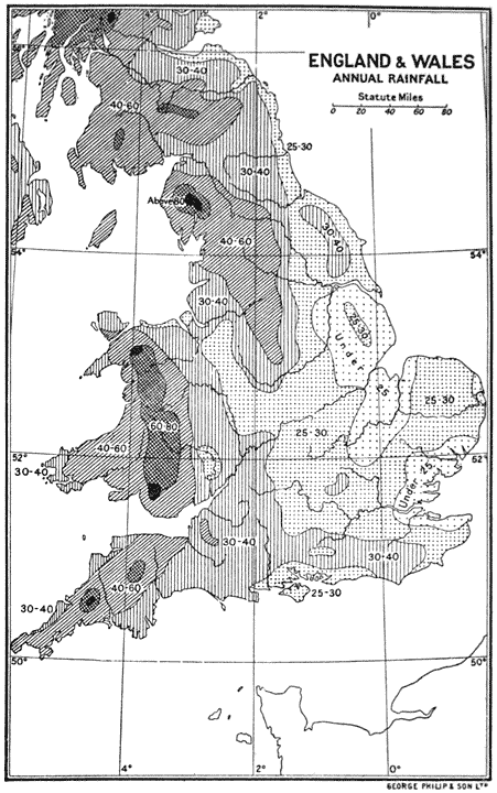 (The figures give the approximate annual rainfall in inches)