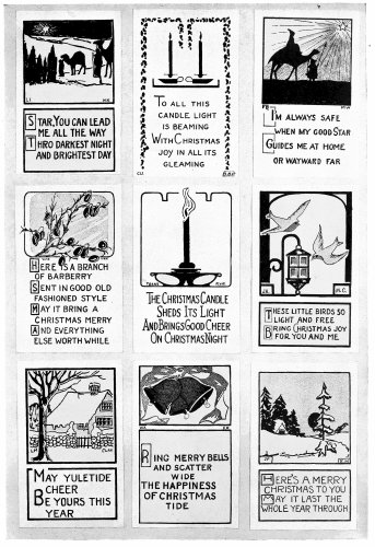 Plate 4

Another Page containing some simple compositions. By using subdued tones
of green, red and white on a gray or buff paper, very interesting color
effects may be obtained. These were made by students in high school
grades.