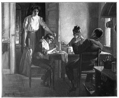 woman in doorway looking at three at table