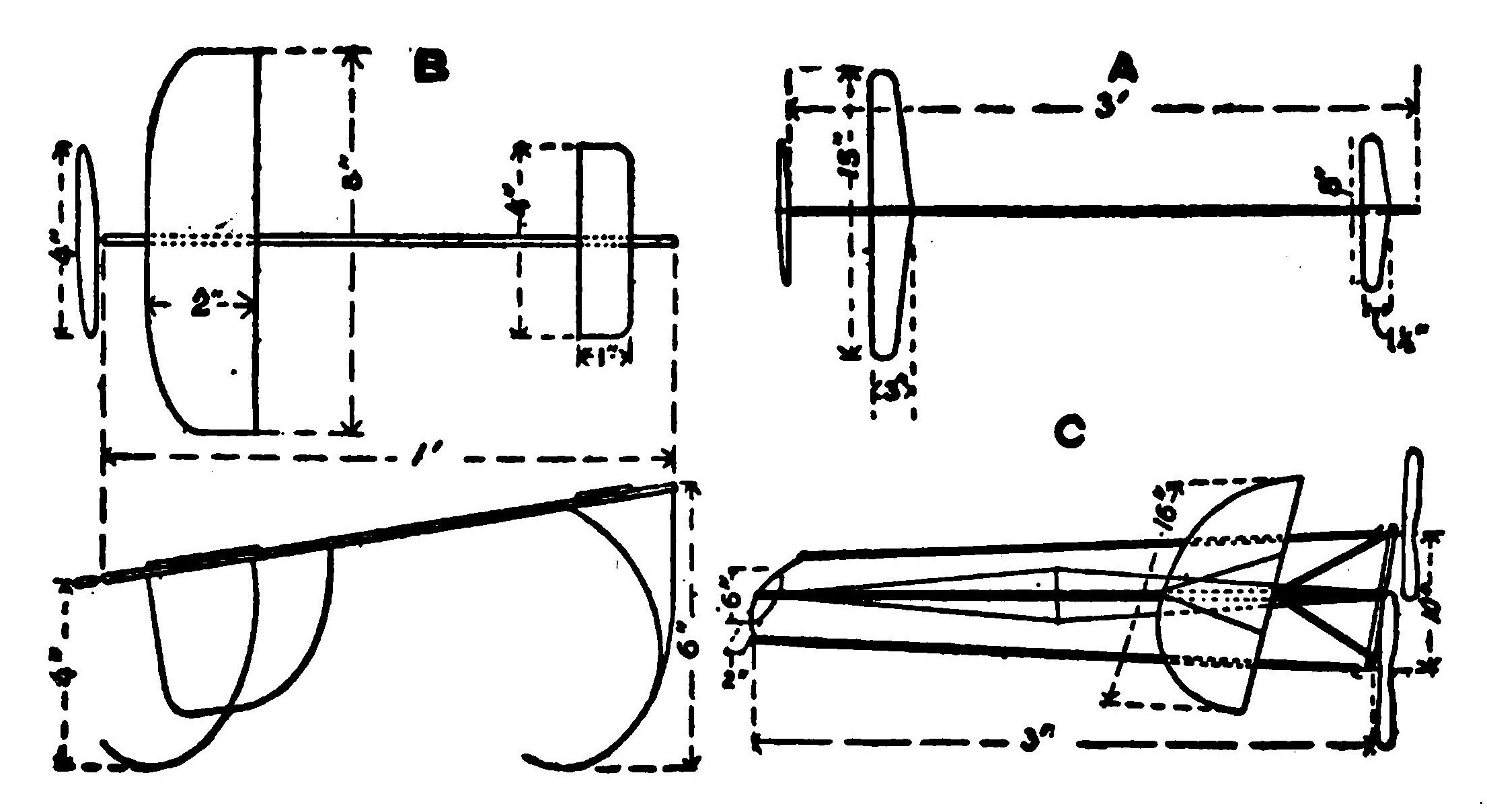 A — The Famous "one Ouncer." B — A Small Experimental Model. C — A Modified Burgess Webb Model.