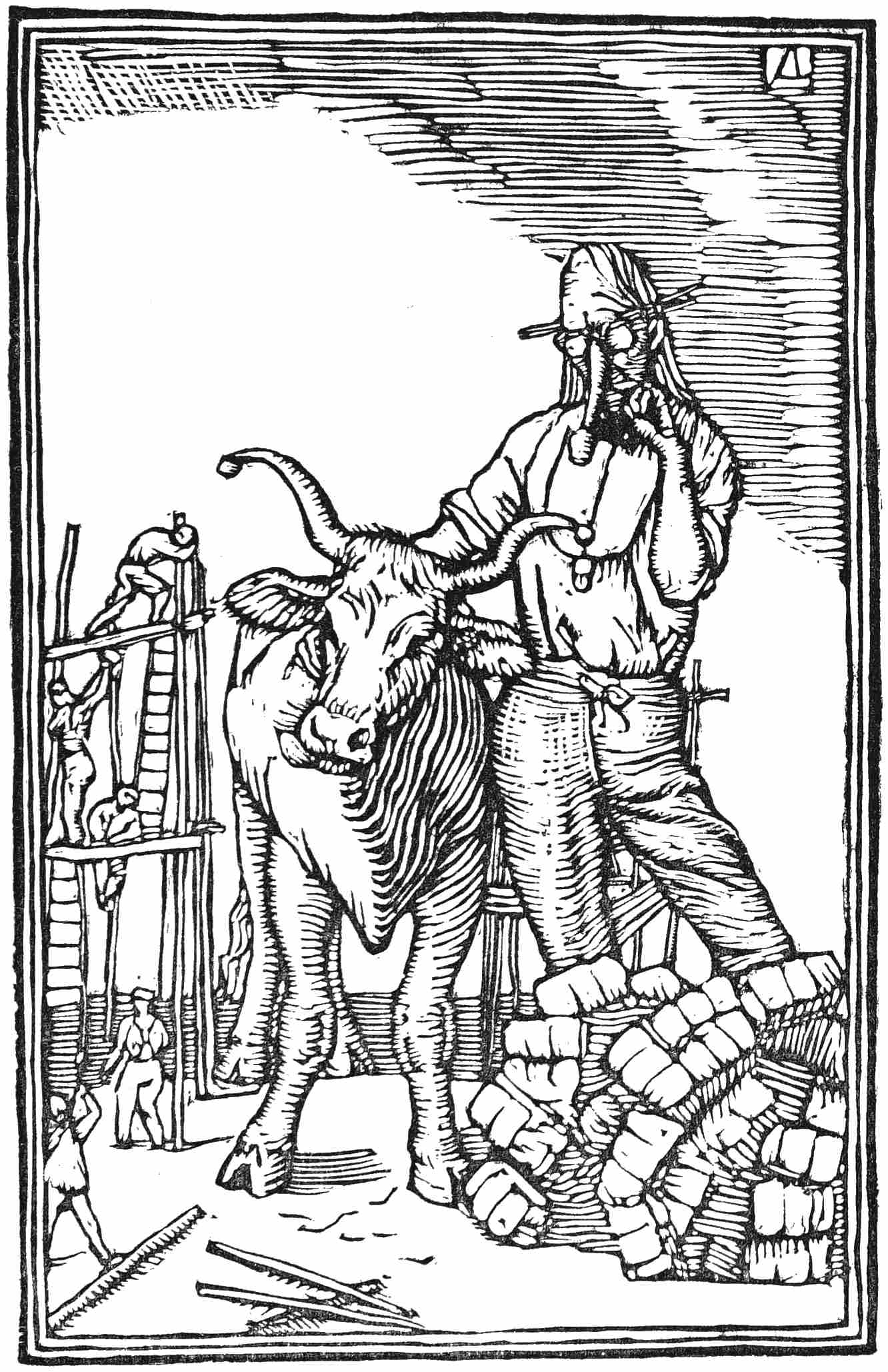 Man with pipe petting ox