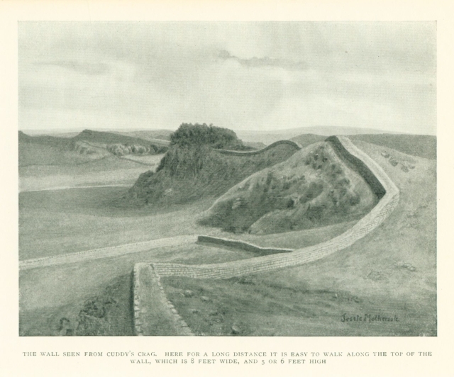 THE WALL SEEN FROM CUDDY'S CRAG. HERE FOR A LONG DISTANCE IT IS EASY TO WALK ALONG THE TOP OF THE WALL, WHICH IS 8 FEET WIDE, AND 5 OR 6 FEET HIGH.