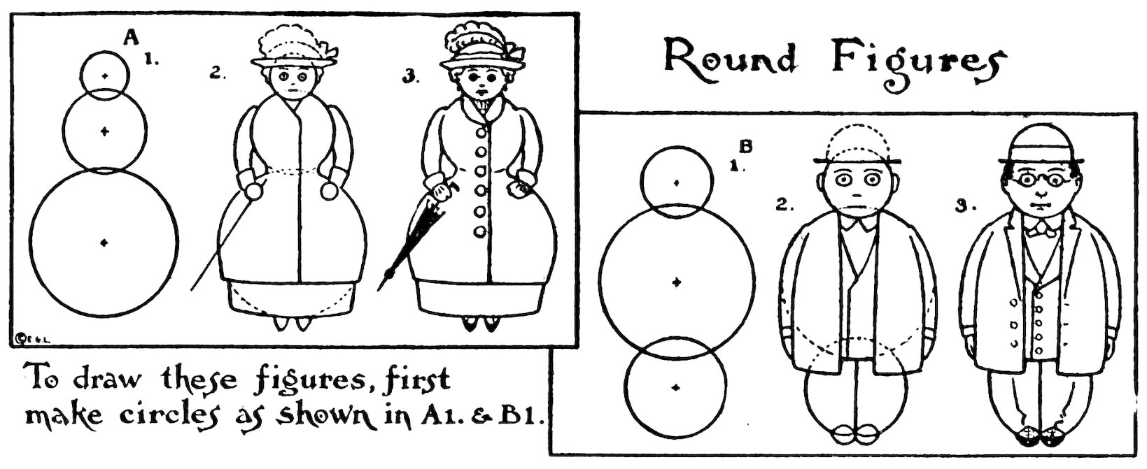 Round Figures To draw these figures, first make circles as shown in A1. & B1.